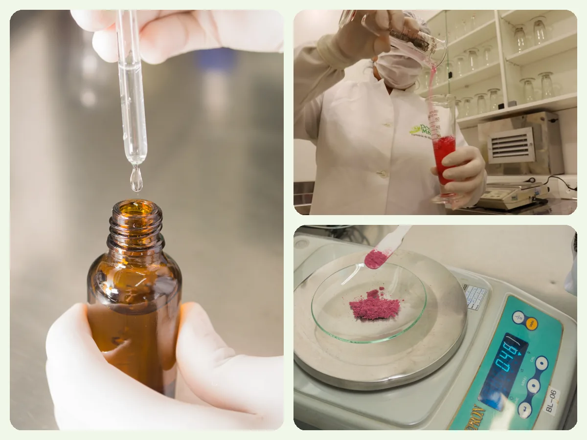 Manipulação na Poção Mágica: frasco conta-gotas, farmacêutica preparando uma fórmula e pesagem em balança de precisão